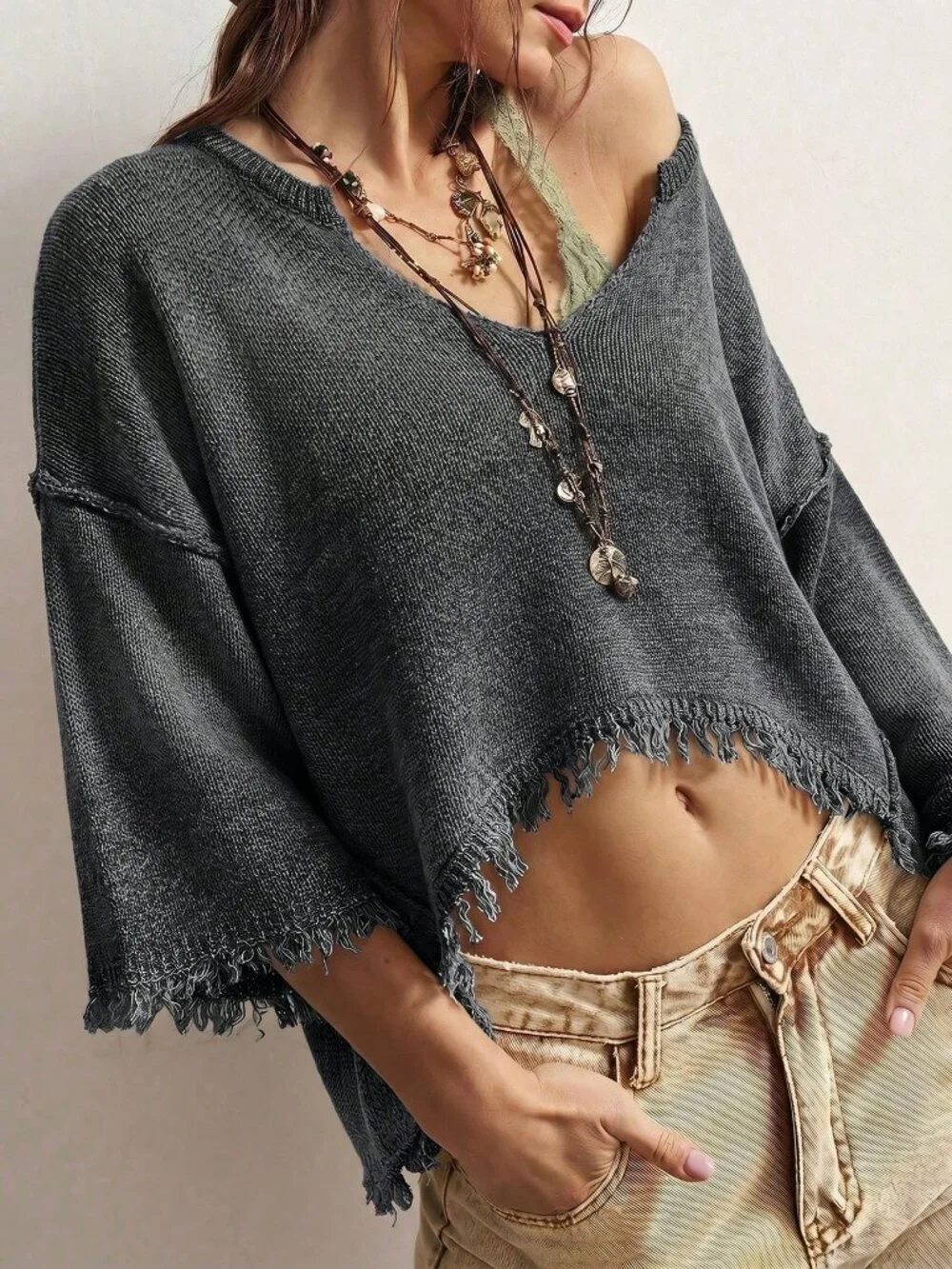 Grey Casual Women's Tassel Design Long Sleeve Sweater